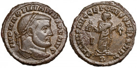 Galerius Maximianus (Caesar, 293-305)
AE Follis
9,41 g / 27 mm
Carthage
Laureate head right. / Carthage standing facing, head left, holding fruits...