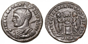 Constantine I. 'The Great' (307/10-337)
AE Follis
3,12 g / 18 mm
Arles
Helmeted and cuirassed bust left, holding spear over right shoulder. / Two ...