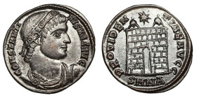 Constantine I. 'The Great' (307/10-337)
AE Follis
2,63 g / 19 mm
Nicomedia, 328/9
Diademed, draped and cuirassed bust right. / Camp gate, with two...