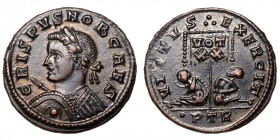 Crispus (Caesar, 316-326)
AE Follis
2,73 g / 17 mm
Treveri, 320
Laureate and cuirassed bust of Crispus to left, holding spear forward in his right...