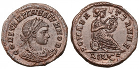 Constantine II. (Caesar, 316-337)
AE Follis
3,32 g / 19 mm
Rome, 320
Laureate, draped, and cuirassed bust right. / Roma seated right on round shie...