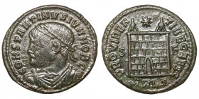 Constantius II. (Caesar, 324-337)
AE Follis
3,23 g / 20 mm
Arles
Laureate, draped, and cuirassed bust left. / Camp gate with two turrets; star abo...