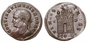 Constantius II. (Caesar, 324-337)
AE Follis
2,87g / 20 mm
Arles
Laureate, draped, and cuirassed bust left. / Camp gate with four turrets; star abo...