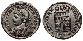 Constantius II. (Caesar, 324-337)
AE Follis
3,15 g / 18 mm
Treveri
Laureate, draped and cuirassed bust left. / Camp gate, with open door and two t...