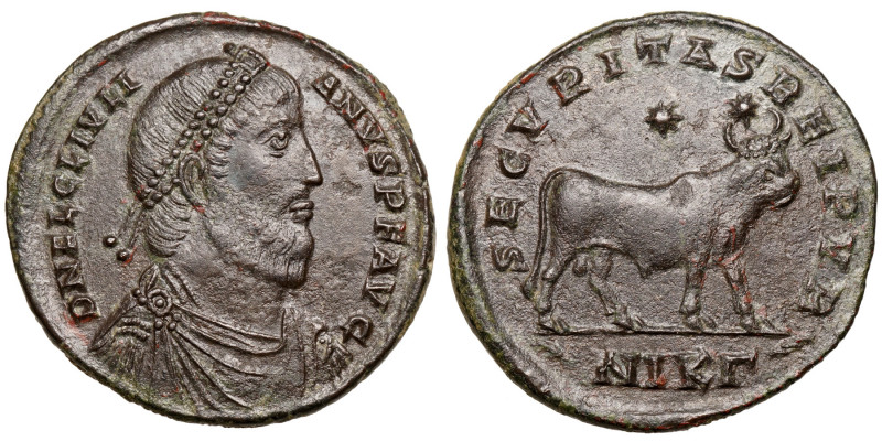 Julian II. (360-363)
AE
8,83 g / 29 mm
Nicomedia
Pearl-diademed, draped, and...