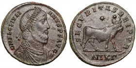 Julian II. (360-363)
AE
8,83 g / 29 mm
Nicomedia
Pearl-diademed, draped, and cuirassed bust right. / Bull standing right; two stars above; (palm)N...