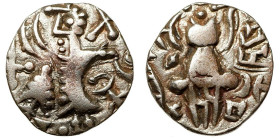 India, Kingdom of Kidara. Post Kushan. Pratapaditya II. (5th century)
EL Dinar
7,29 g / 22 mm

King standing facing left. / Goddess seated on thro...