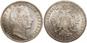 Franz Joseph I. (1848-1916)
1 Florin (1859 A)
12,36 g / 29 mm
Wien
Laureate head right. / Crowned imperial double eagle facing, with crown above a...