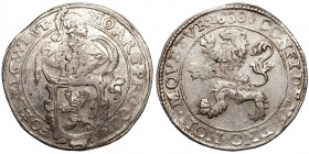 Netherlands. West Friesland.
Lion Dollar or Leeuwendaalder
27,21 g / 41 mm
1638
Knight standing left, head right, holding up garnished coat-of-arm...