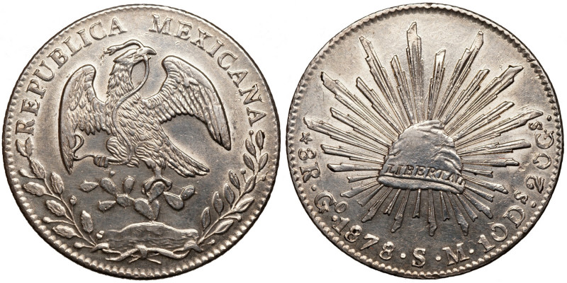 MEXICO Republic (1867-1905)
8 Reales
27,08 g / 38 mm
Guanajuato, 1878 SM
Eag...