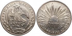 MEXICO Republic (1867-1905)
8 Reales
27,08 g / 38 mm
Guanajuato, 1878 SM
Eagle standing facing on cactus, wings spread, grasping snake in beak and...