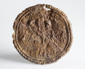 Roman Danubian Rider "Mystery Plaque"
Lead
78 mm
~ 2nd-4th century 
Round-type plaque/medallion. Fish flanked by stars. Nemesis standing right bet...