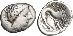 Celtic World. Cisalpine Gaul, Insubres. AR Tetrobol. Imitating Massalia, c. 2nd century BC. Obv. Female head right. Rev. Lion right; pseudo-legend abo...