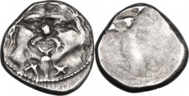 Greek Italy. Etruria, Populonia. AR 20-Asses, 3rd century BC. Obv. Facing head of Metus, tongue protruding, hair bound with diadem; below, X:X. Dotted...