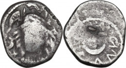 Greek Italy. Etruria, Populonia. AR 20-Asses, 3rd century BC. Obv. Head of Menvra three-quarter facing left, wearing three crested helmet, earring and...