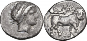 Greek Italy. Central and Southern Campania, Neapolis. AR Nomos, c. 320-300 BC. Obv. Head of the nymph Parthenope right, wearing diadem and earring. Re...