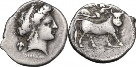 Greek Italy. Central and Southern Campania, Neapolis. AR Nomos, c. 320-300 BC. Obv. Head of female right; grape bunch behind neck; ΔIOΦANOYΣ below. Re...