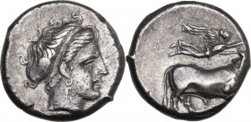 Greek Italy. Central and Southern Campania, Neapolis. AR Didrachm, c. 320-300 BC. Obv. Diademed head of nymph right, behind, [symbol]. Rev. Man-headed...