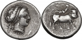 Greek Italy. Central and Southern Campania, Neapolis. AR Didrachm, c. 300 BC. Obv. Obv. Head of nymph right; behind neck, Artemis, holding two torches...