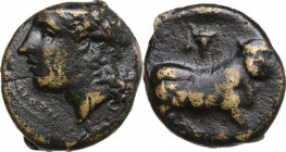Greek Italy. Central and Southern Campania, Neapolis. AE 17 mm, c. 300-275 BC. Obv. Laureate head of Apollo left. Rev. Man-headed bull walking right; ...