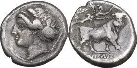 Greek Italy. Central and Southern Campania, Neapolis. AR Nomos, c. 275-250 BC. Obv. Head of female left; club behind neck. Rev. Man-headed bull standi...