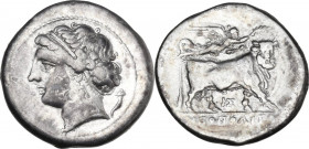 Greek Italy. Central and Southern Campania, Neapolis. AR Nomos, c. 275-250 BC. Obv. Diademed head of nymph left, wearing triple-pendant earring and ne...