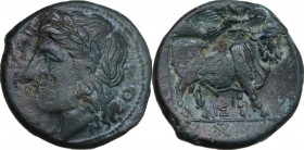Greek Italy. Central and Southern Campania, Neapolis. AE 20.5 mm. 275-250 BC. Obv. [NEOΠOΛIT]ΩN. Laureate head of Apollo left; Θ behind. Rev. Man-head...