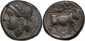 Greek Italy. Central and Southern Campania, Neapolis. AE 18.5 mm, c. 275-250 BC. Obv. ΝΕΟΠΟΛΙΤΩΝ. Laureate head of Apollo left, behind, I. Rev. Man-fa...