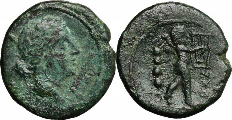 Greek Italy. Southern Apulia, Hyria or Orra. AE Quincunx, c. 210-150 BC. Obv. Dr...