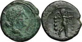Greek Italy. Southern Apulia, Hyria or Orra. AE Quincunx, c. 210-150 BC. Obv. Draped bust of Venus right, wearing wreathed stephane; on shoulder, scep...