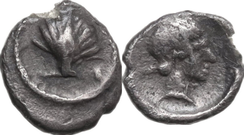 Greek Italy. Southern Apulia, Tarentum. AR Hemilitron, c. 470-450 BC. Obv. Cockl...