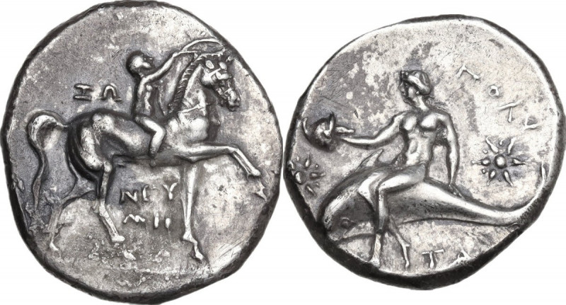 Greek Italy. Southern Apulia, Tarentum. AR Nomos, 280-272 BC. Obv. Nude youth cr...