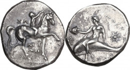 Greek Italy. Southern Apulia, Tarentum. AR Nomos, 280-272 BC. Obv. Nude youth crowning horse he rides right; ZΩ to left, NEY/MH in two lines below. Re...