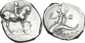 Greek Italy. Southern Apulia, Tarentum. AR Nomos, c. 272-240 BC. Iopyros and Fi-, magistrates. Obv. Youth on horseback right, crowning horse with wrea...