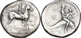 Greek Italy. Southern Apulia, Tarentum. AR Nomos, c. 272-240 BC. Eyr- and Damokritos, magistrates. Obv. Youth on horseback right; behind, Nike flying ...