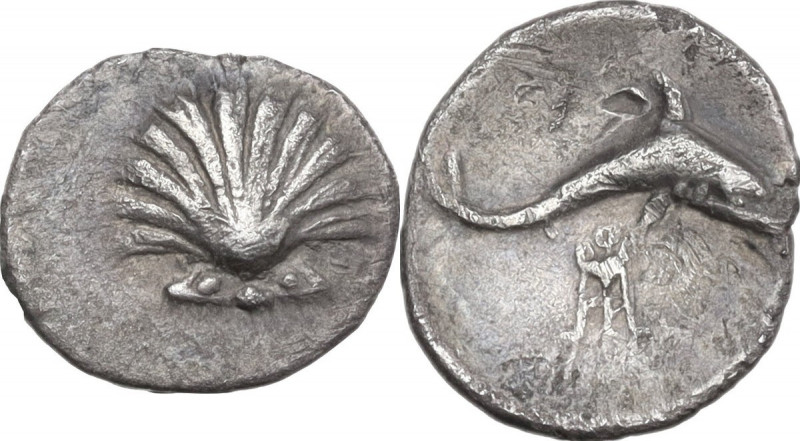 Greek Italy. Southern Apulia, Tarentum. AR Litra, c. 280-228 BC. Obv. Cockle she...