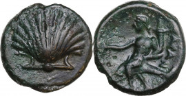 Greek Italy. Southern Apulia, Tarentum. AE 14 mm, c. 275-200 BC. Obv. Cockle shell. Rev. TAPAN. Taras astride dolphin left, holding kantharos in right...