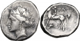 Greek Italy. Southern Apulia, Tarentum. Campano-Tarentine series. AR Didrachm, c. 281-228 BC. Obv. Diademed head of Satyra left; EY behind neck. Rev. ...