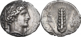 Greek Italy. Southern Lucania, Metapontum. AR Stater, c. 340-330 BC. Signed by Pro-. Obv. Head of Demeter to right, wearing a barley wreath, a triple-...