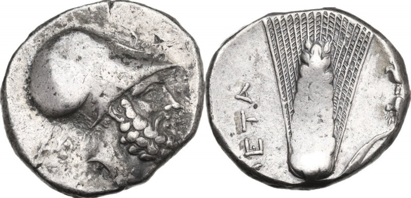 Greek Italy. Southern Lucania, Metapontum. AR Stater, c. 340-330 BC. Obv. Helmet...