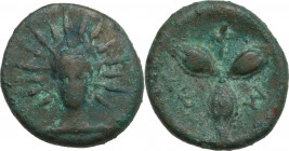Greek Italy. Southern Lucania, Metapontum. AE 15 mm, c. 300-250 BC. Obv. Radiate head of Helios facing. Rev. M-E. Three barley grains radiating from c...