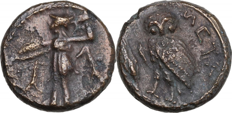 Greek Italy. Southern Lucania, Metapontum. AE 15 mm, c. 300-250 BC. Obv. Athena ...