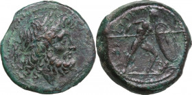 Greek Italy. Bruttium, The Brettii. AE Unit – Drachm, c. 211-208 BC. Thunderbolt group. Obv. Laureate head of Zeus right; behind, thunderbolt. Rev. BΡ...
