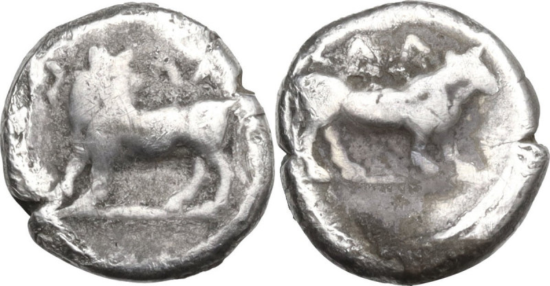 Greek Italy. Bruttium, Laus. AR Triobol, c. 500-480 BC. Obv. Man-headed bull to ...