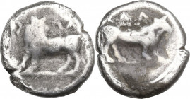 Greek Italy. Bruttium, Laus. AR Triobol, c. 500-480 BC. Obv. Man-headed bull to left, head turned backwards; ΛAΣ above. Rev. Man-headed bull to right;...