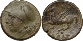 Greek Italy. Bruttium, Locri Epizephyrii. AE 23 mm. period of Pyrrhus, c. 280-275 BC. Obv. Head of Athena left, wearing plain Corinthian helmet, witho...