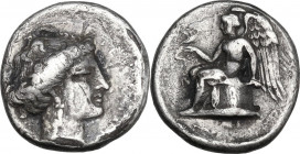 Greek Italy. Bruttium, Terina. AR Stater, c. 400-356 BC. Obv. [TEPINAIΩN] Head of the nymph Terina right, wearing pearl necklace and pendant earring. ...