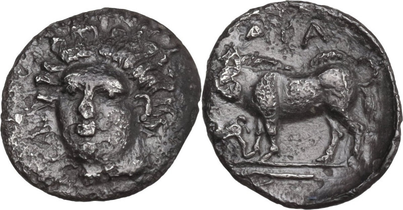 Sicily. Abakainon. AR Litra, c. 410-400 BC. Obv. Facing head of nymph, three-qua...