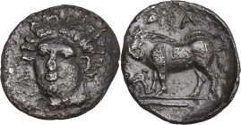 Sicily. Abakainon. AR Litra, c. 410-400 BC. Obv. Facing head of nymph, three-quarters left. Rev. ABA. Sow standing left with piglet, on double exergua...