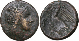Sicily. Akragas. AE 22.5 mm, 287-282 BC. Obv. Laureate head of Apollo right. Rev. Eagle in foreground raises head to scream while eagle in background ...
